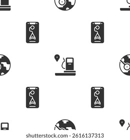 Set Magnifying glass with globe, Location and gas station and City map navigation on seamless pattern. Vector
