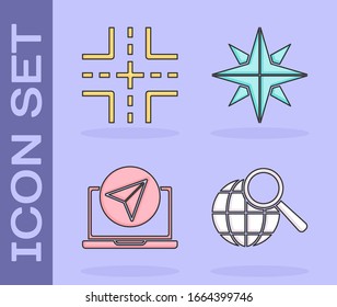 Set Magnifying glass with globe, Road traffic sign, Infographic of city map navigation and Wind rose icon. Vector