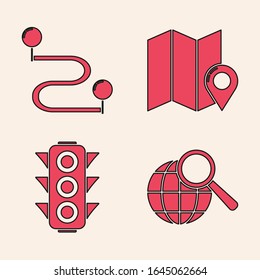 Set Magnifying glass with globe, Route location, Folded map with location marker and Traffic light icon. Vector
