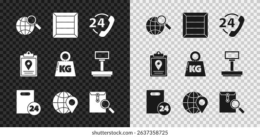 Set Magnifying glass with globe, Wooden box, Telephone 24 hours support, Delivery cardboard boxes, Location the, Envelope magnifying, Document tracking marker system and Weight icon. Vector
