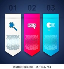 Set Magnifying glass, Hello different languages and Creative lamp light idea. Business infographic template. Vector