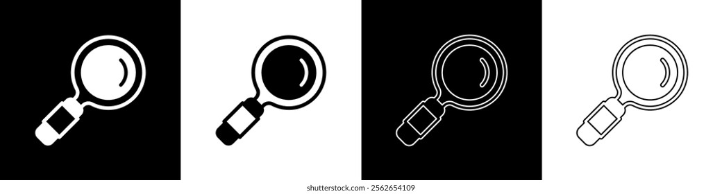 Set Magnifying glass icon isolated on black and white background. Search, focus, zoom, business symbol.  Vector