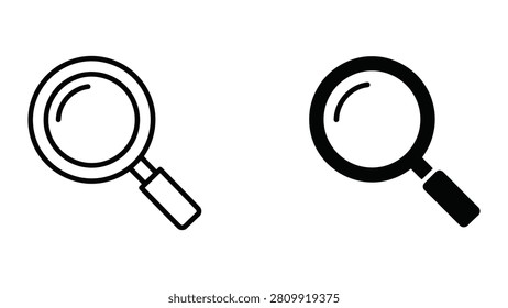 A set of magnifying glass icons displayed in both outline and solid black vector styles for digital interfaces.