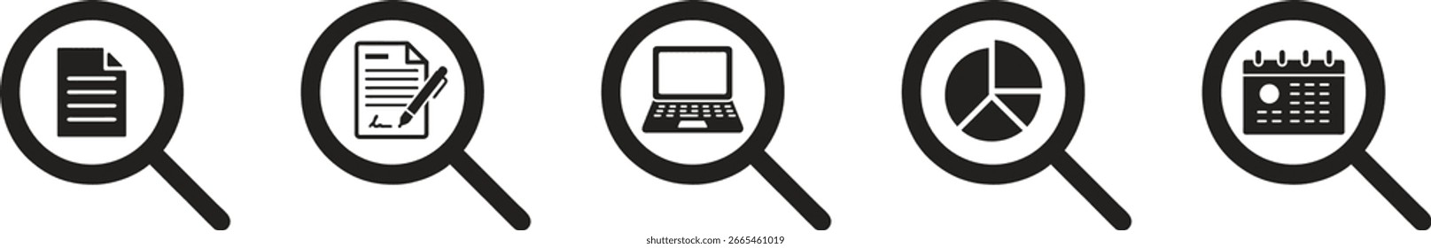Set of magnifying glass icons with document, contract, laptop, chart, and calendar symbols. Perfect for search, analysis, and data projects. High-quality vector illustration collection.