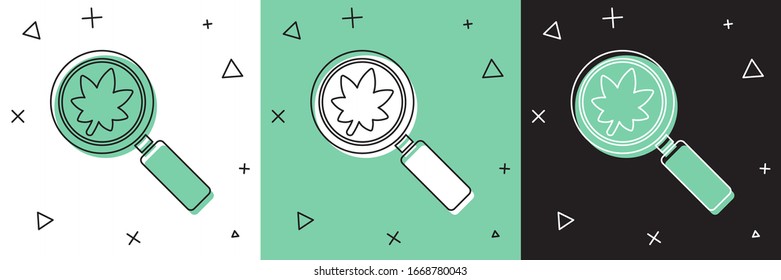 Set Zauberglas mit Blattsymbol einzeln auf weißem und grünem, schwarzem Hintergrund. Wissenschaftliche Biologie, Erforschung des Naturblattes. Vektorillustration-Illustration