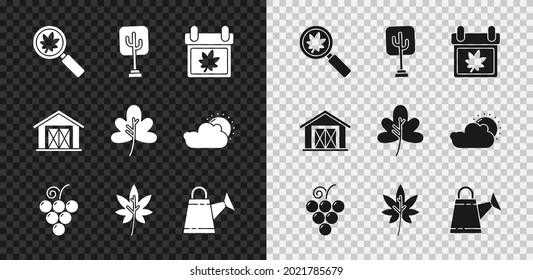 Fijar vidrio de aumento con hoja, árbol, hojas de otoño del calendario, uva, hoja o, lata de agua, casa de granja e icono. Vector