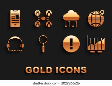 Set Magnifying glass, Location on the globe, Pie chart infographic, Information, Headphones, Network cloud connection, Online book mobile and class icon. Vector