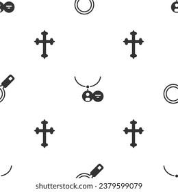 Set Magnifying glass, Locket on necklace and Christian cross on seamless pattern. Vector