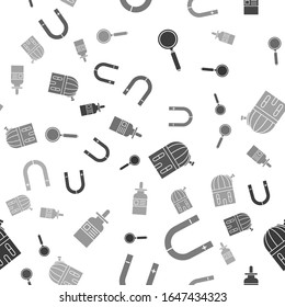 Set Magnifying glass, Magnet, Astronomical observatory and Glass bottle with a pipette on seamless pattern. Vector