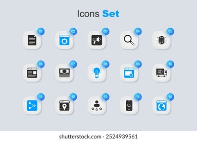 Conjunto de lupa y móvil, apila dinero en efectivo de papel, configuración del navegador, Compartir, en todo el mundo, camión de publicidad, documento de archivo e icono de bombilla. Vector