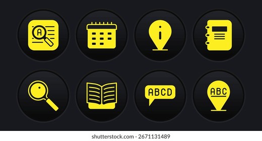 Ajuste la lupa, el cuaderno, la apertura, el alfabeto, la información, el horario escolar y el icono del traductor. Vector