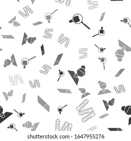Set Magnifying glass, Paper clip, Teacher and Eraser or rubber on seamless pattern. Vector
