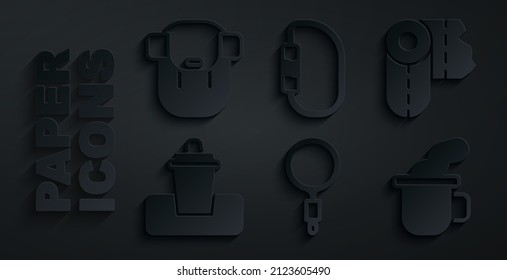 Set Magnifying glass, Paper towel roll, Trash can, Cup of tea, Carabiner and Hiking backpack icon. Vector