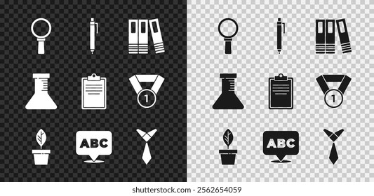 Set Magnifying glass, Pen, Office folders, Plant pot, Alphabet, Tie, Test tube and flask and Clipboard with checklist icon. Vector