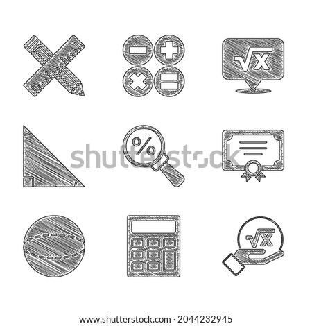 Set Magnifying glass with percent, Calculator, Square root of x glyph, Certificate template, Geometric figure Sphere, Triangle math,  and Crossed ruler and pencil icon. Vector