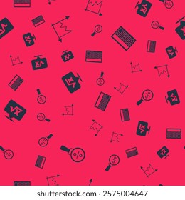 Set Magnifying glass with percent, Graph, schedule, chart, diagram, Square root of x glyph and Calculator on seamless pattern. Vector