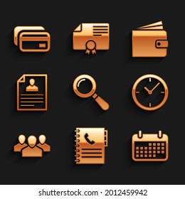 Set Magnifying glass, Phone book, Calendar, Clock, Users group and Resume icon. Vector