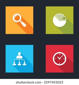 Set Magnifying glass, Pie chart infographic, Referral marketing and Clock icon. Vector