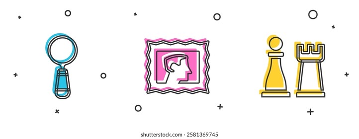 Set Magnifying glass, Postal stamp and Chess icon. Vector