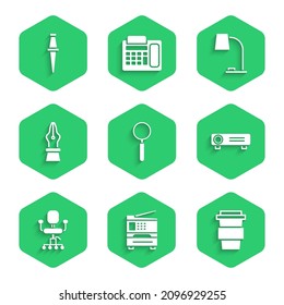 Set Magnifying glass, Printer, Coffee cup to go, Movie, film, media projector, Office chair, Fountain pen nib, Table lamp and Push pin icon. Vector