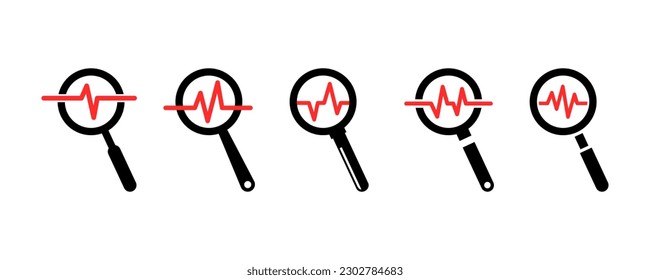 Juego de lupa con pulso de corazón rojo. Encontrar enfermedades. Investigación con diagnóstico. Latido y ruido.