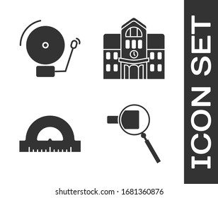 Set Magnifying glass, Ringing alarm bell, Protractor grid for measuring degrees and School building icon. Vector