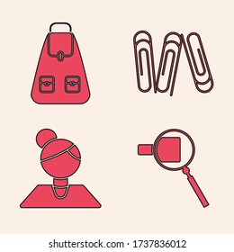 Fijar vidrio de aumento, mochila escolar, clip de papel e icono del profesor. Vector
