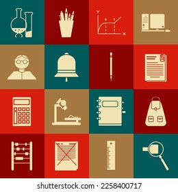 Set Magnifying glass, School backpack, File document and paper clip, Pie chart infographic, Ringing bell, Student, Test tube flask chemical laboratory test and Pencil with eraser icon. Vector