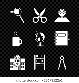 Set Magnifying glass, Scissors, Student, School building, Abacus, Drawing compass, Coffee cup and Earth globe icon. Vector