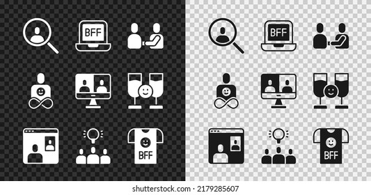 Set Magnifying Glass For Search, BFF Best Friends Forever, Happy Friendship Day, Video Chat Conference, Project Team Base, Friends And  Icon. Vector