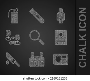 Set Magnifying glass with search, Bulletproof vest, Police badge id case, The arrest warrant, Bloody knife, Marker crime scene, Human target sport for shooting and Hand smoke grenade icon. Vector