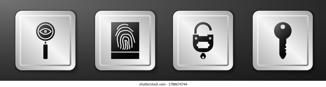 Set Magnifying glass Search, Fingerprint, Lock and key and Key icon. Silver square button. Vector