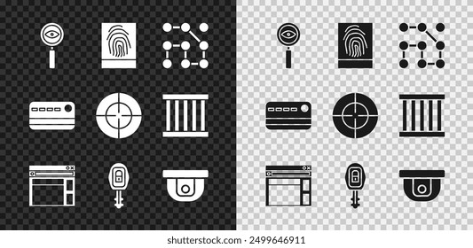 Set Magnifying glass Search, Fingerprint, Graphic password protection, Website template, Car key with remote, Motion sensor, Credit card and Target sport icon. Vector