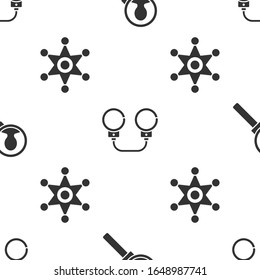 Set Magnifying glass for search, Handcuffs and Hexagram sheriff on seamless pattern. Vector