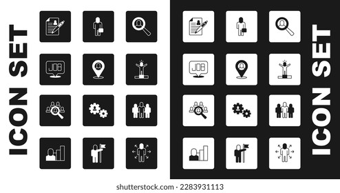 Set Magnifying glass for search job, Worker location, Search, Resume, Productive human, Businessman, Project team base and  icon. Vector
