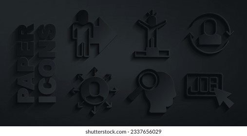 Set Magnifying glass for search job, Exchange work, Multitasking manager working, Search, Productive human and Leader of team of executives icon. Vector