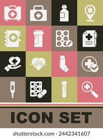 Set Magnifying glass for search medical, Cross hospital, Medical prescription and pen, Bottle of medicine syrup, Medicine bottle, clipboard, First aid kit and Pills blister pack icon. Vector