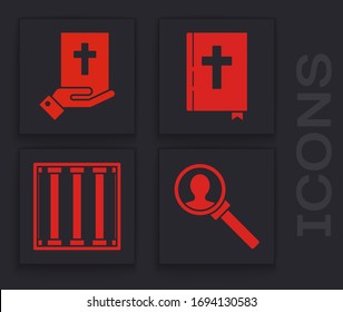 Set Magnifying glass for search, Oath on the Holy Bible, Holy bible book and Prison window icon. Vector