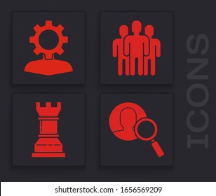Set Magnifying glass for search a people, Human with gear inside, Users group and Business strategy icon. Vector