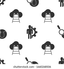 Set Magnifying glass for search a people, Human with gear inside and Ladder leading to cloud on seamless pattern. Vector