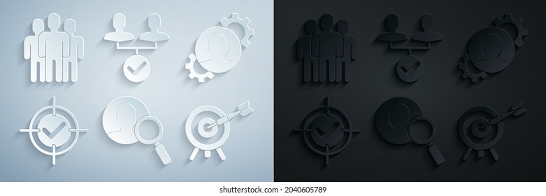 Set Magnifying glass for search a people, Human with gear inside, Target and check mark, arrow, Project team base and Users group icon. Vector
