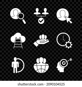 Set Magnifying glass for search a people, Project team base, User of man business suit, Time Management, Globe and, Head hunting concept, Ladder leading to cloud and  icon. Vector