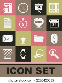 Set Magnifying glass for search people, Computer mouse, Calendar, Chalkboard with diagram, Time is money, Resume, Coffee machine and Heart text work icon. Vector