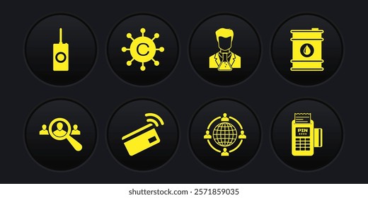 Set Magnifying glass for search people, Barrel oil, Contactless payment, Outsourcing concept, Scientist and test tube and Copywriting network icon. Vector