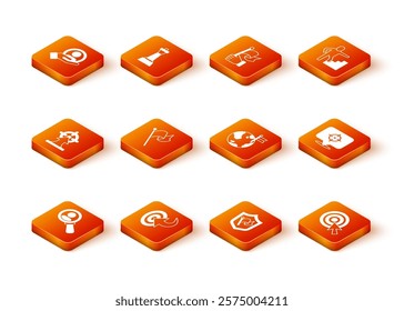 Set Magnifying glass for search, Target, Flag, Shield with flag, Planet, arrow and  icon. Vector