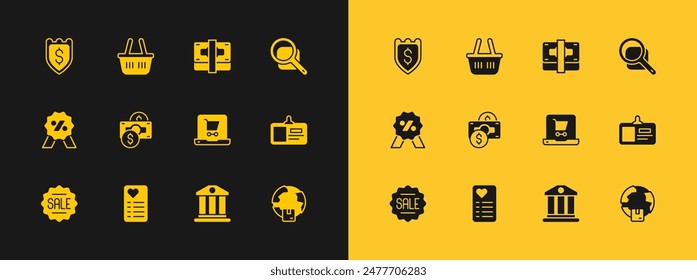 Set Magnifying glass, Shopping list, cart on screen laptop, Bank building, Stacks paper money cash, Shield with dollar and basket icon. Vector