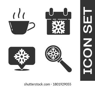 Set Magnifying glass with snowflake, Coffee cup, Snowflake with speech bubble and Calendar icon. Vector