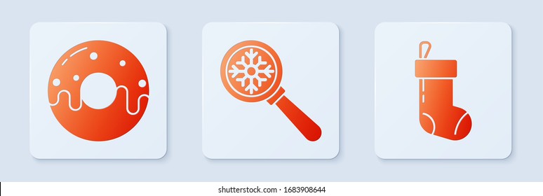 Set Magnifying glass with snowflake, Donut with sweet glaze and Christmas stocking. White square button. Vector