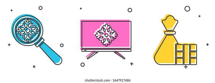 Set Magnifying glass with snowflake, Merry Christmas on television and Gift box and bag icon. Vector