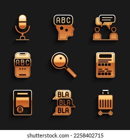 Set Magnifying glass, Speech bubble chat, Suitcase, Exam sheet, with A plus grade, Foreign language online study, Two sitting men talking and Microphone voice device icon. Vector